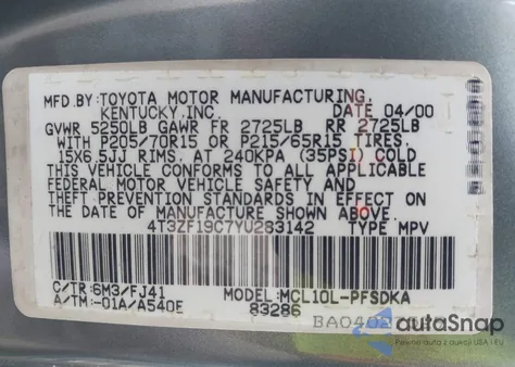 2000 Toyota Sienna Ce from USA, damaged, VIN 4T3ZF19C7YU283142